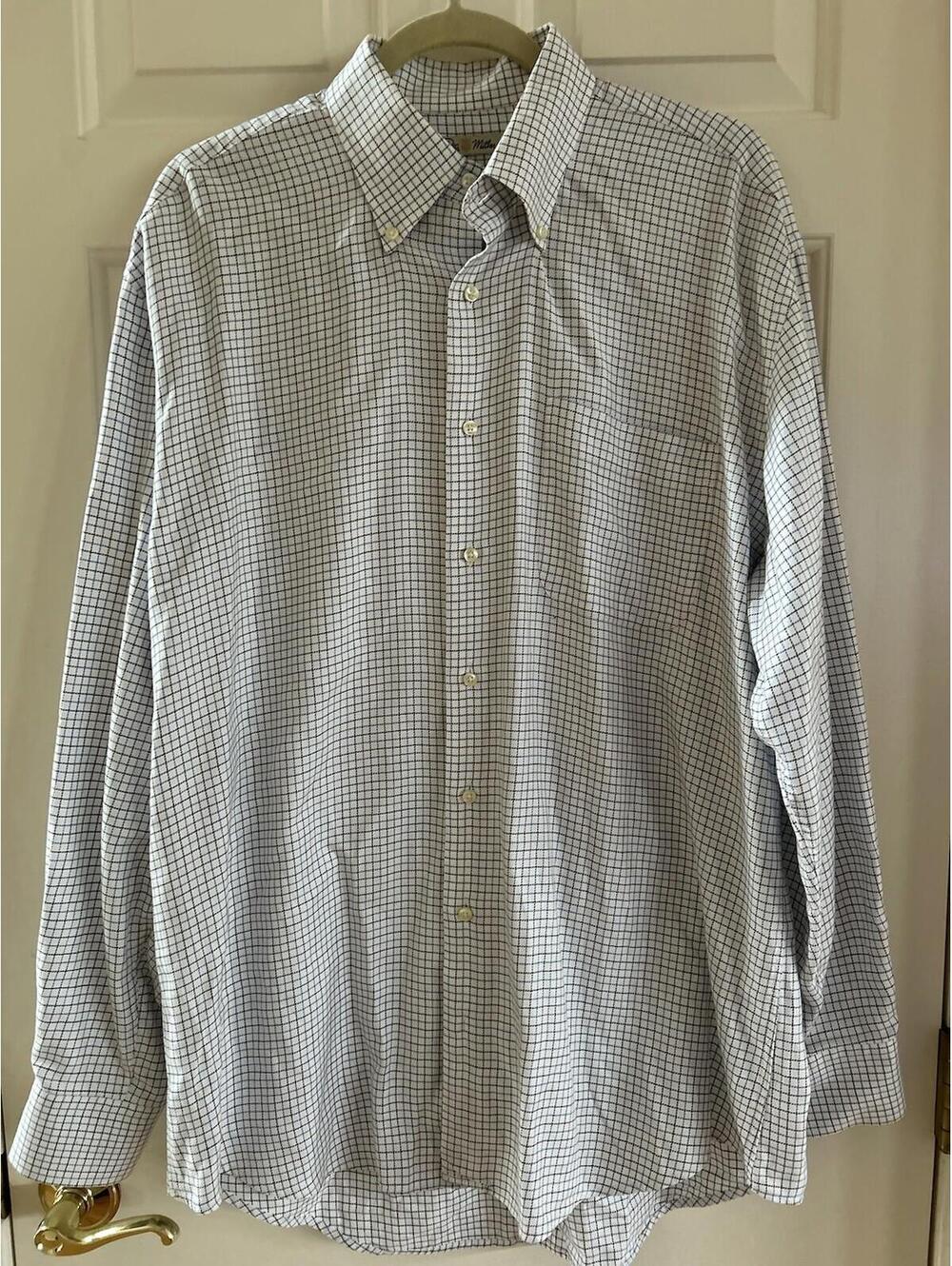 Peter Millar Dress Shirt Mens Large Button Down Blue Tan Plaid Crown